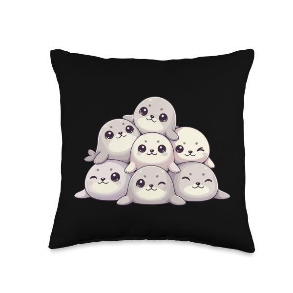 Cute Kawaii Seal Pile Chubby Baby Ocean Friends Throw Pillow