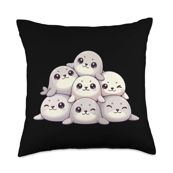 Cute Kawaii Seal Pile Chubby Baby Ocean Friends Throw Pillow