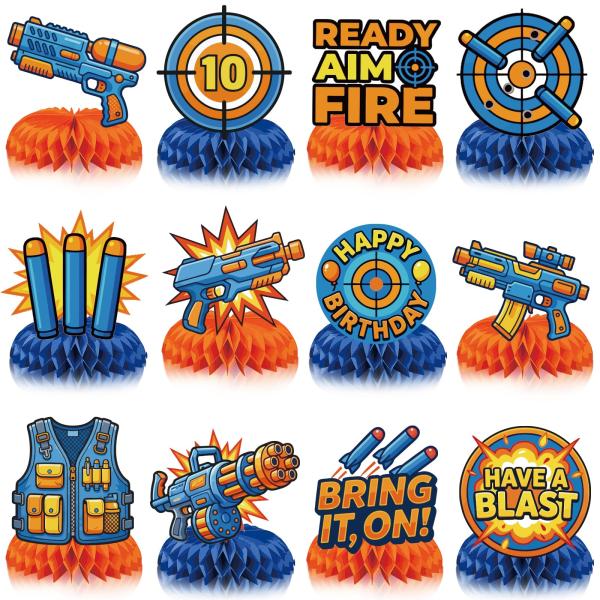 Dart War Party Decorations Supplies - 12 Pieces Double Sided Table Toppers Honeycomb Centerpieces for Boys, Blaster Battle Dartboard Shooting Game The