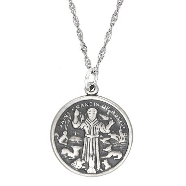 【並行輸入品】スターリングシルバーいぶし仕上げOne Sided Saint Francis of Assisiチャームwithシンガポールネッ