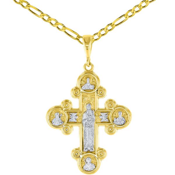 【並行輸入品】14?K黄色ゴールド母神のバージンメアリーwith Jesus &amp; Saintsクロスペンダントフィガロチェーンネックレス Jew