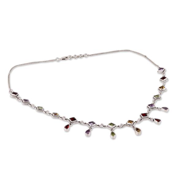 【並行輸入品】NOVICA ハンドメイド マルチジェムストーン リンクネックレス インド製 .925スターリングシルバー ペリドット ガーネット
