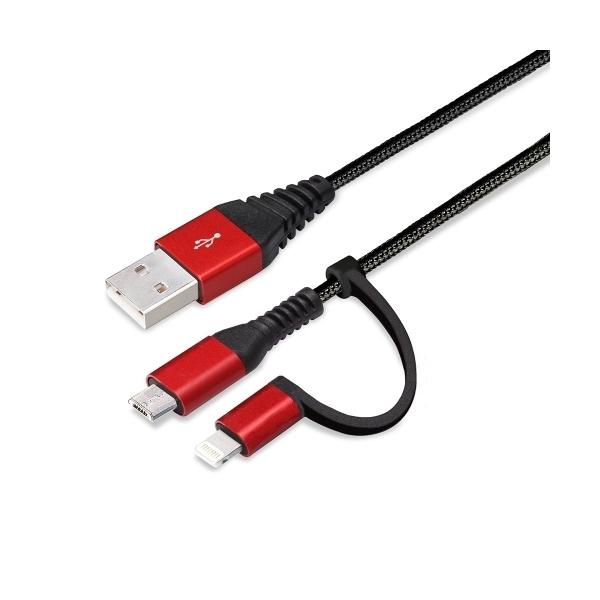 PGA PG-LMC05M01BK ϊRlN^t 2in1 USB^tP[u(Lightning&amp;micro USB) 50cm bh&amp;ubN