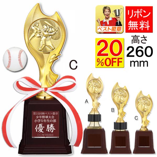 トロフィー野球C　高さ260ｍｍ　野球トロフィー　ゴールデングラブ　首位打者　MVP　打率　盗塁王　打点王 優秀選手賞　文字無料　トロフィー　W-VC4803-C