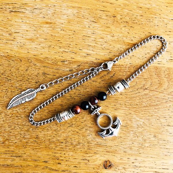 パワーストーン　合金チャーム　フェザーアンクレット レッドタイガーアイ&オニキス