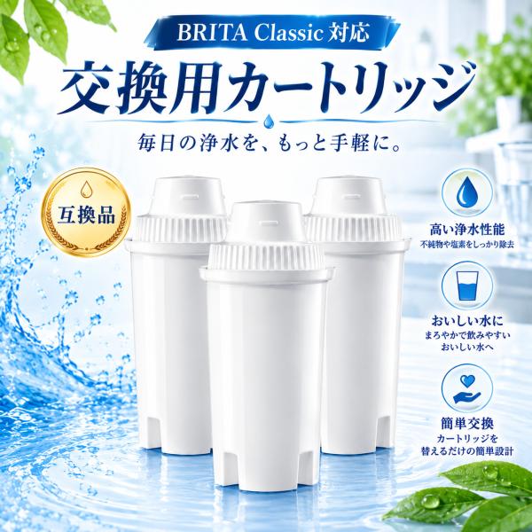 【互換品】CLASSICタイプ ブリタ互換 クラシック カートリッジ ポット型浄水器用 交換カートリッジ BRITA互換 BJ-C3 3個セット クラシック対応