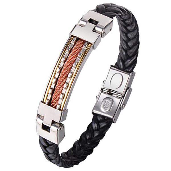 【並行輸入品】メンズ316lステンレススチールブレスレットメンズ手編みレザーブレスレット ゴールド AZYOUNG Men's 316L Sta