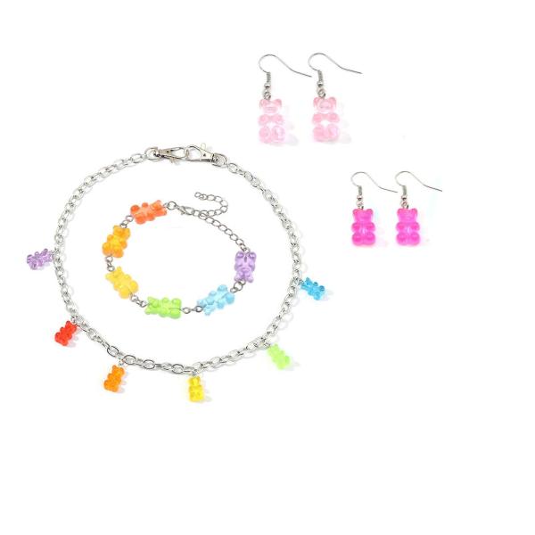 【並行輸入品】グミベア ネックレス ブレスレット セット カラフル マルチカラー 透明 樹脂 クマ イヤリング 漫画 キュート キャンディー ク
