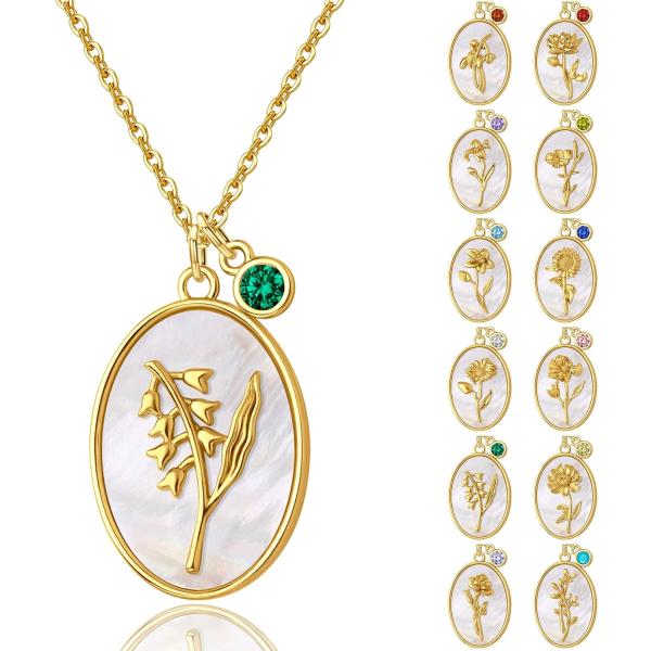 【並行輸入品】Anavia マザーオブパール 貝殻誕生月フラワーネックレス 誕生石チャーム付き 金メッキ 3Dフローラル ハッピーバースデージュエリー