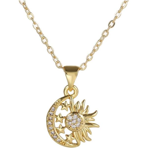 華奢な太陽 月 星 ペンダント ネックレス 14K 金メッキ ラインストーン 