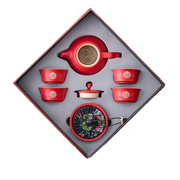 【並行輸入品】Chinese Kung Fu Tea Set Teapot Double Happiness Porcelain Red We