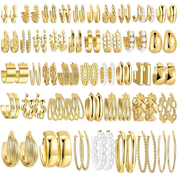 【並行輸入品】ゴールドフープイヤリングセット レディース ファッション チャンキー パールピアス マルチパック ツイストステートメントイヤリングパック