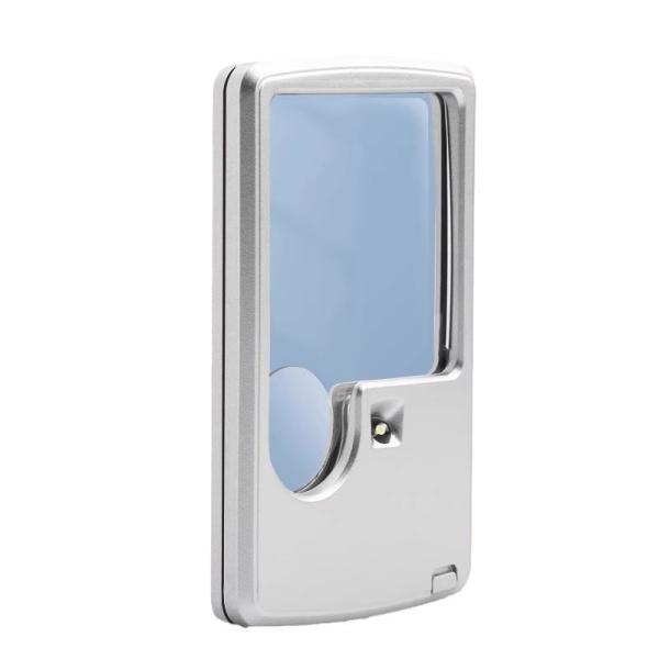 【商品名】カードサイズLED拡大鏡【商品説明】暗い場所でもはっきりと見えるカード型の拡大鏡です。側面ボタンを押すだけでLEDライトが点灯し、読書や地図の確認、手芸などの細かい作業をしっかりとサポートします。持ち運びに便利な専用のソフトケース...