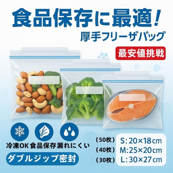 フリーザーバッグ S（18x20cm）50枚 M(20x25cm)40枚 L(30x27cm) 30枚 食品保存袋 密閉チャック付き 冷凍 冷蔵対応 旅行用 透明 防塵効果 再利用可能 厳選iimono