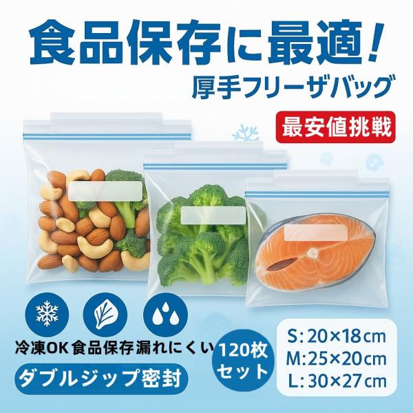フリーザーバッグ S/M/Lサイズセット 合計120枚 食品保存袋 冷凍冷蔵兼用 厚手密閉タイプ 保存袋 密閉チャック付き 旅行用 透明 防塵効果 再利用可能 厳選iimono