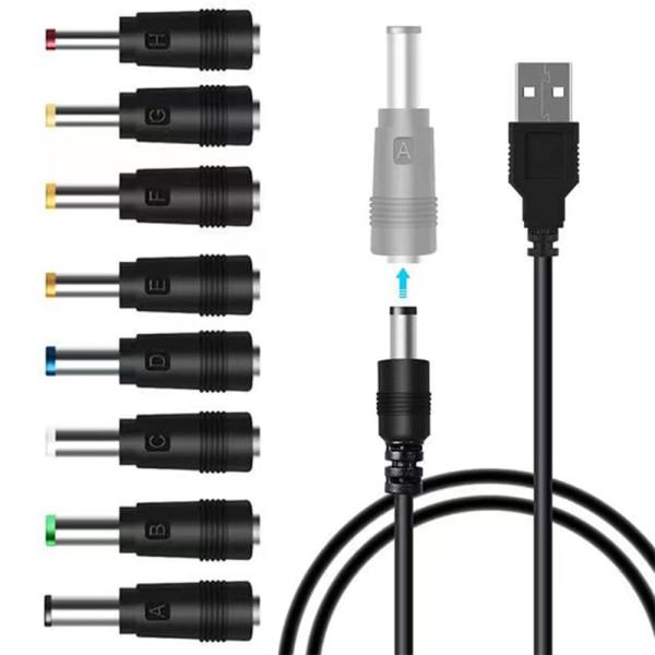 TJK USBケーブル 8 in 1 DC 5V1A 電源ケーブル USB-丸口 変換プラグ付き DC充電コード 5.5x2.5/5.5x2.1mm