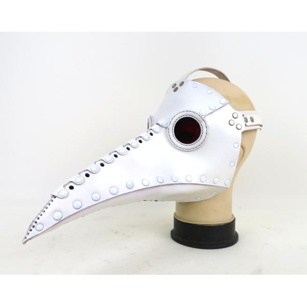 レザー製 ペストマスク ロング ホワイト Plague Doctor mask (レンズカラーレッド) コスプレ 衣装 小道具