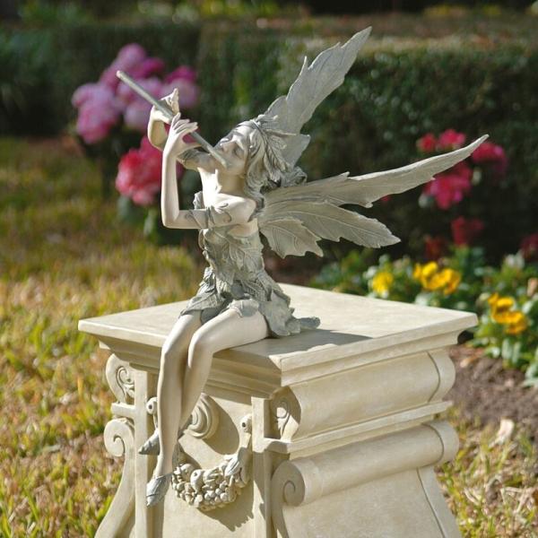 ポリレジン製 ガーデン彫像 座って笛を吹いている妖精の像 置物 