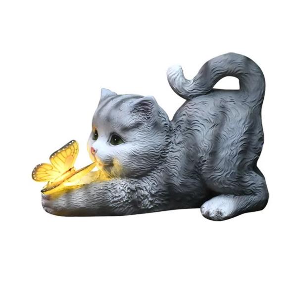 蝶を捕まえた子猫の像 ソーラー式ライト キトン インテリア 彫像 置物