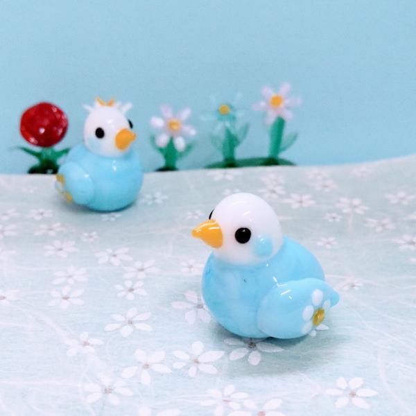 ガラス細工 花インコ（L) 青 小物 ミニチュア 置物 雑貨 動物 鳥 花