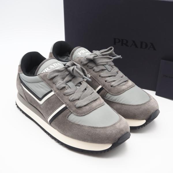 ★3日以内返品可★ 極美品 PRADA プラダ スエードレザー ナイロン スニーカー 6 24.5 4E3538 スニーカー グレー ブラック ホワイト ナイロン スウェード メンズ PRADA（プラダ） ☆3日以内返品可☆ 極美品 スエードレザー ナイロン