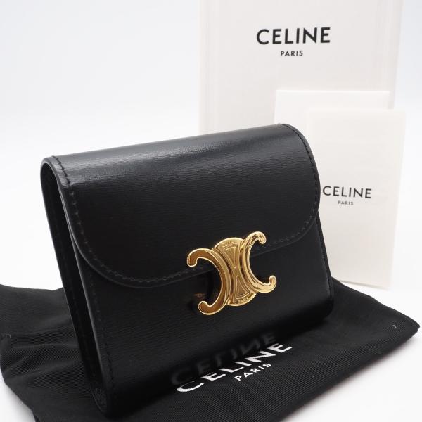 【極美品 限定品】セリーヌ トリオンフ スモールフラップウォレット ブラック CELINE（セリーヌ） ☆3日以内返品可☆ 美品 シャイニーカーフスキン