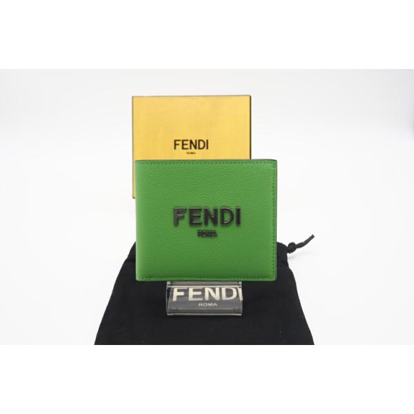 ☆安心の3大保証☆ Aランク ≪FENDI フェンディ/二つ折り財布≫ 7M0169 ロゴプレートカーフレザー コンパクトウォレット グリーン 極美品 送料無料 biclock_tm0119