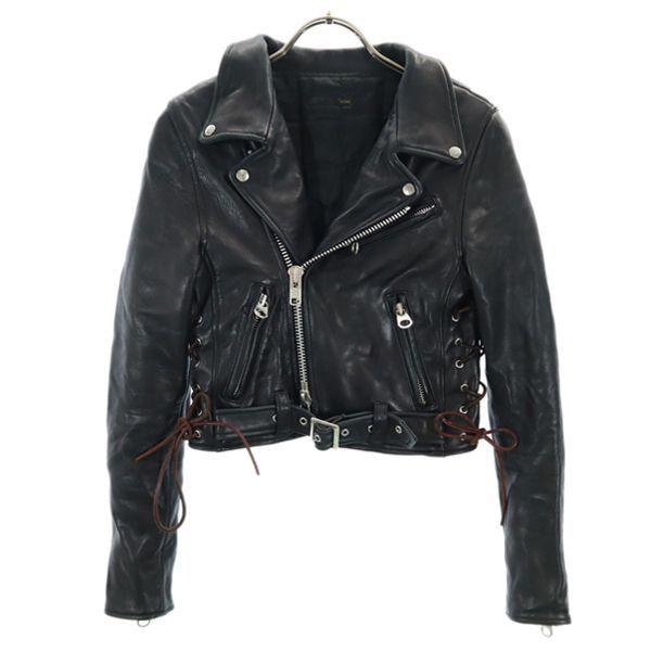 ナイン 中綿 ダブルライダース レザー ジャケット F 黒 NINE 羊革 サイドレースアップ レディース 古着 R221017
