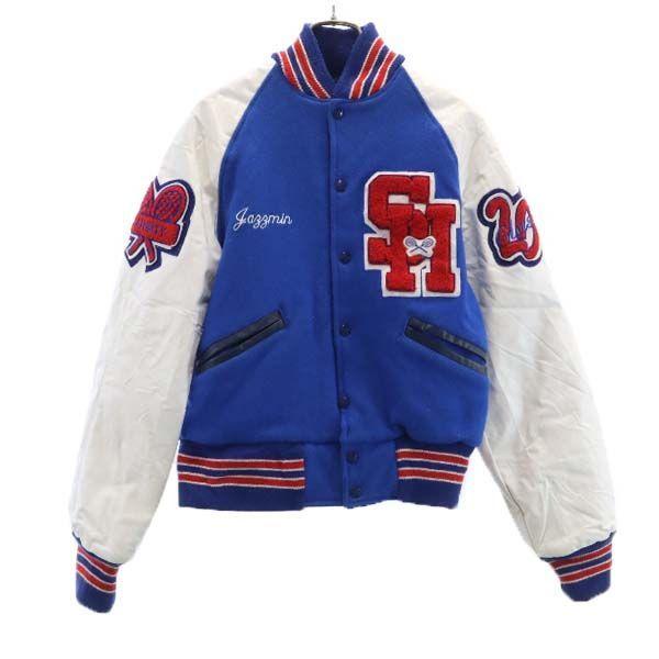 スタジャン Xs 青 白 Meca メルトンウール 袖レザー 中綿 テニス メンズ 古着 Fre 9544 Mhj Big 2nd 通販 Yahoo ショッピング