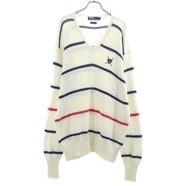 ポロラルフローレン ゴルフ ナイガイ社製 コットンニット ボーダー柄 ニット L 白 紺 Polo Ralph Lauren Vネック 長袖 メンズ 古着 Qu Fre Mse Big 2nd 通販 Yahoo ショッピング