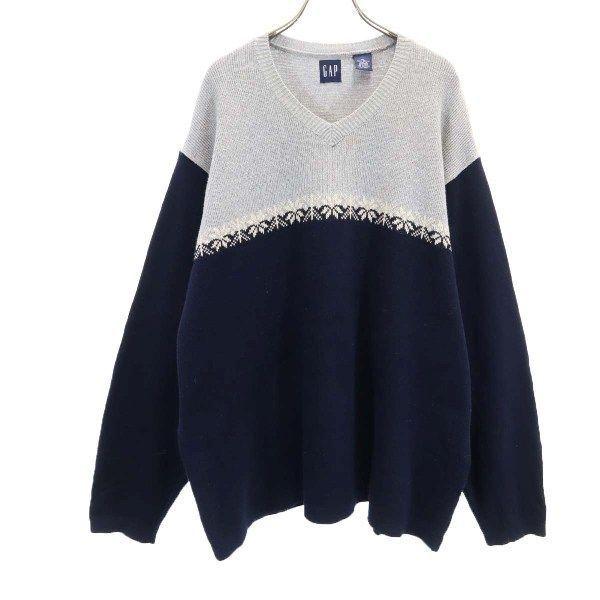 ギャップ 90s オールド ニット Xl グレージュ ネイビー Gap Vネック コットン セーター メンズ 古着 Qu Fre Mse Big 2nd 通販 Yahoo ショッピング