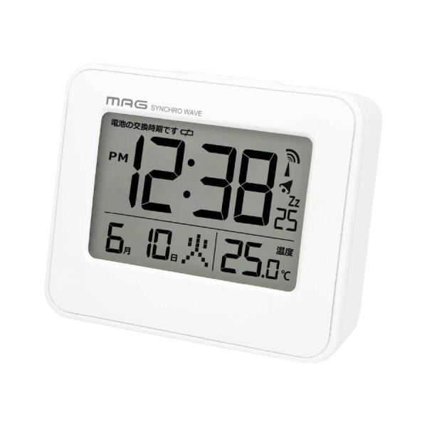 MAG(マグ) 目覚まし時計 めざまし時計 電波時計 置き時計 小型 小さい デジタル 温度計 カレンダー 電子音 アラーム スヌーズ ライト ホワ