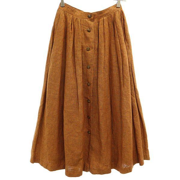 Scana スキャナ リネン チェック ロングスカート 38 オレンジ系 レディース 古着 中古