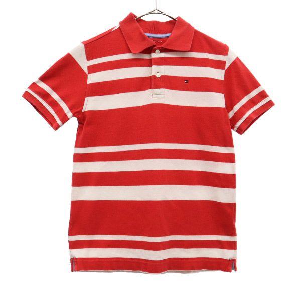 TOMMY HILFIGER トミーヒルフィガー ボーダー 半袖 ポロシャツ M 8-10 レッド×ホワイト 鹿の子地 キッズ 古着 中古