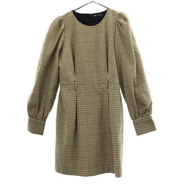 ZARA ザラ 千鳥格子 長袖 ワンピース M ベージュ系 レディース 古着 中古