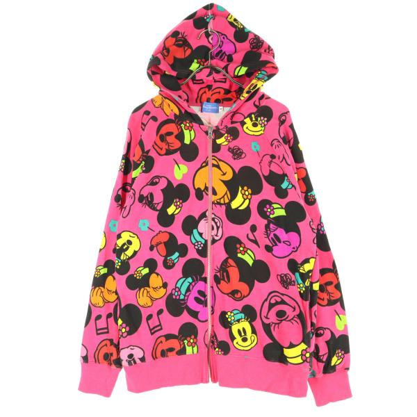 TOKYO Disney RESORT トウキョウディズニーリゾート コットン 総柄 キャラクター 長袖 ジップパーカー M ピンク メンズ 古着 中古