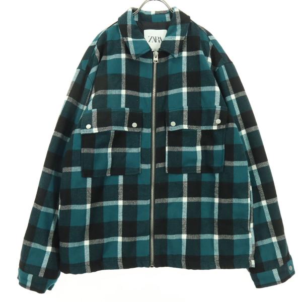 ZARA ザラ チェック柄 長袖 ジップ シャツジャケット L グリーン系 メンズ 古着 中古