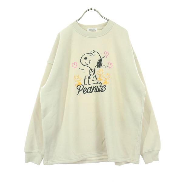 PEANUTS ピーナッツ 裏フリース キャラクター刺繍 長袖 トレーナー F ベージュ系 レディース 古着 中古