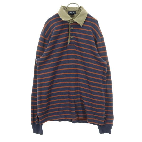 美品 LANDS' END ランズエンド ボーダー柄 長袖 ポロシャツ M ネイビー ラガーシャツ メンズ 古着 中古