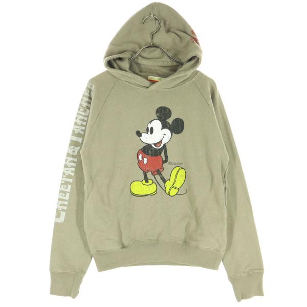 Disney ディズニー プリント柄 長袖 スウェットパーカー S ベージュ系 ミッキー レディース 古着 中古