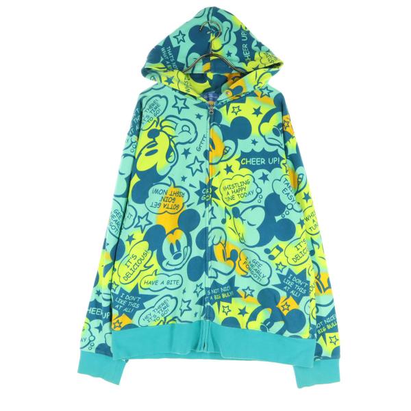 Tokyo Disney Resort トウキョウディズニーリゾート コットン 総柄 キャラクター 長袖 ジップパーカー LL グリーン メンズ 古着 中古