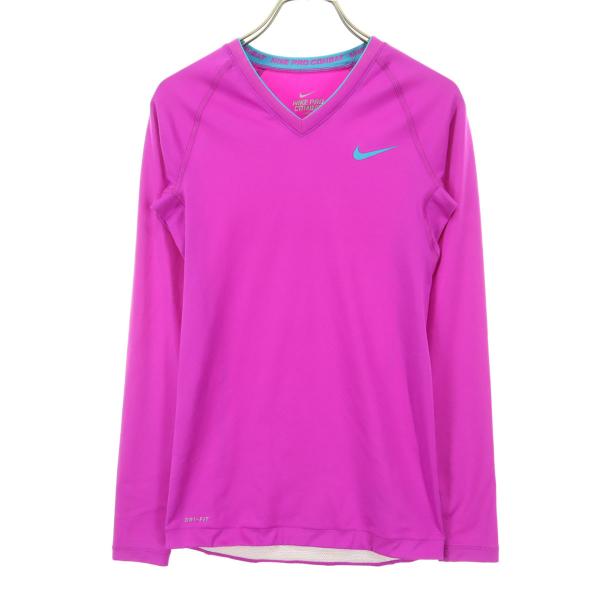 美品 NIKE PRO COMBAT ナイキプロコンバット スウッシュ トレーニング 長袖 Vネック ウェア M ピンク系 レディース 古着 中古