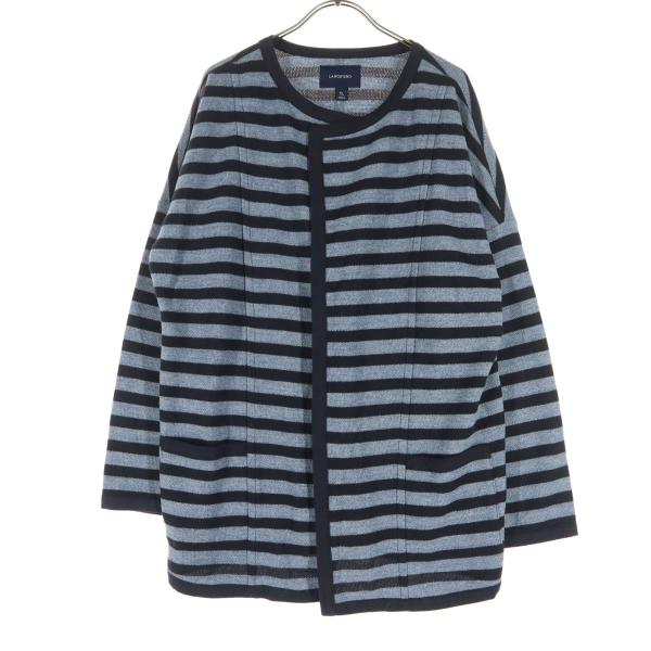 LANDS' END ランズエンド ボーダー柄 バイカラー 長袖 ボタンレス ニットカーディガン XL ネイビー系 メンズ 古着 中古