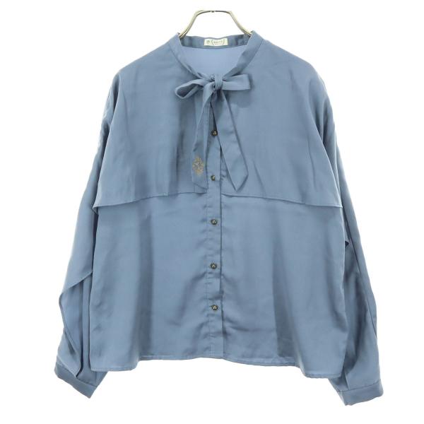 axes femme アクシーズファム ワンポイントロゴ 長袖 タイカラー ブラウス M ブルー系 レディース 古着 中古