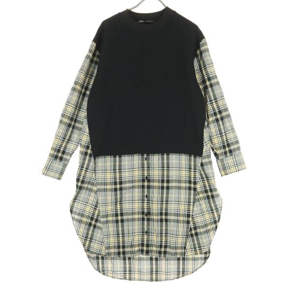 ZARA ザラ タータンチェック柄 長袖 クルーネック 切替 膝丈ワンピース S ブラック系 レディース 古着 中古