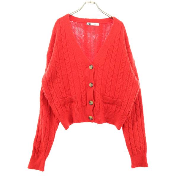 ZARA ザラ 長袖 ニットカーディガン M レッド レディース 古着 中古