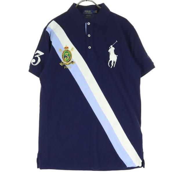 古着 美品 POLO ポロ ビッグポニー ワッペン 半袖 ポロシャツ M ネイビー ラルフローレン CUSTOM FIT メンズ Porro（ポロ） 美品 POLO ビッグポニー ワッペン 半袖 ポロシャツ M