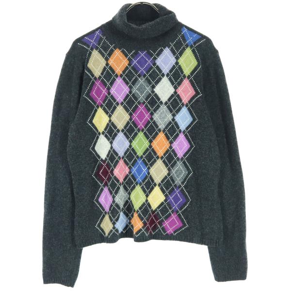 美品 TALBOTS タルボット アーガイル柄 長袖 タートルネック ニット L グレー レディース 古着 中古