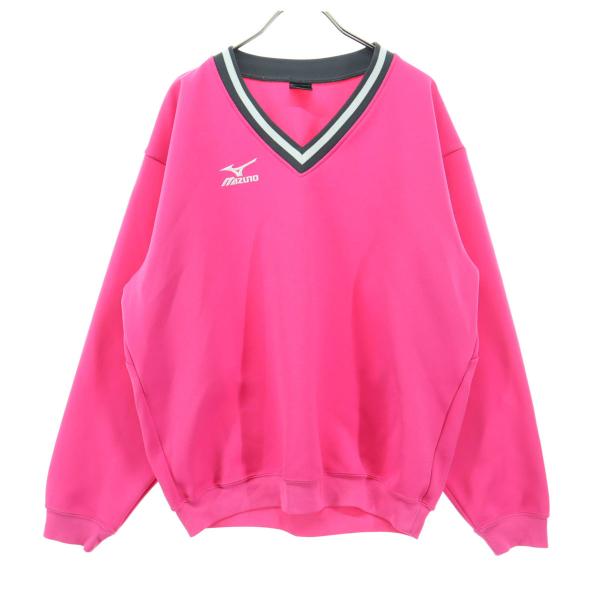 Mizuno ミズノ ロゴ刺繍 長袖 Vネック トレーナー M ピンク レディース 古着 中古