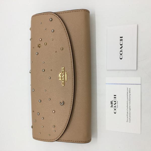 COACH コーチ 長財布  スタッズ レザー ウィズセレスティアル  F29442 ベージュ やや傷や汚れあり